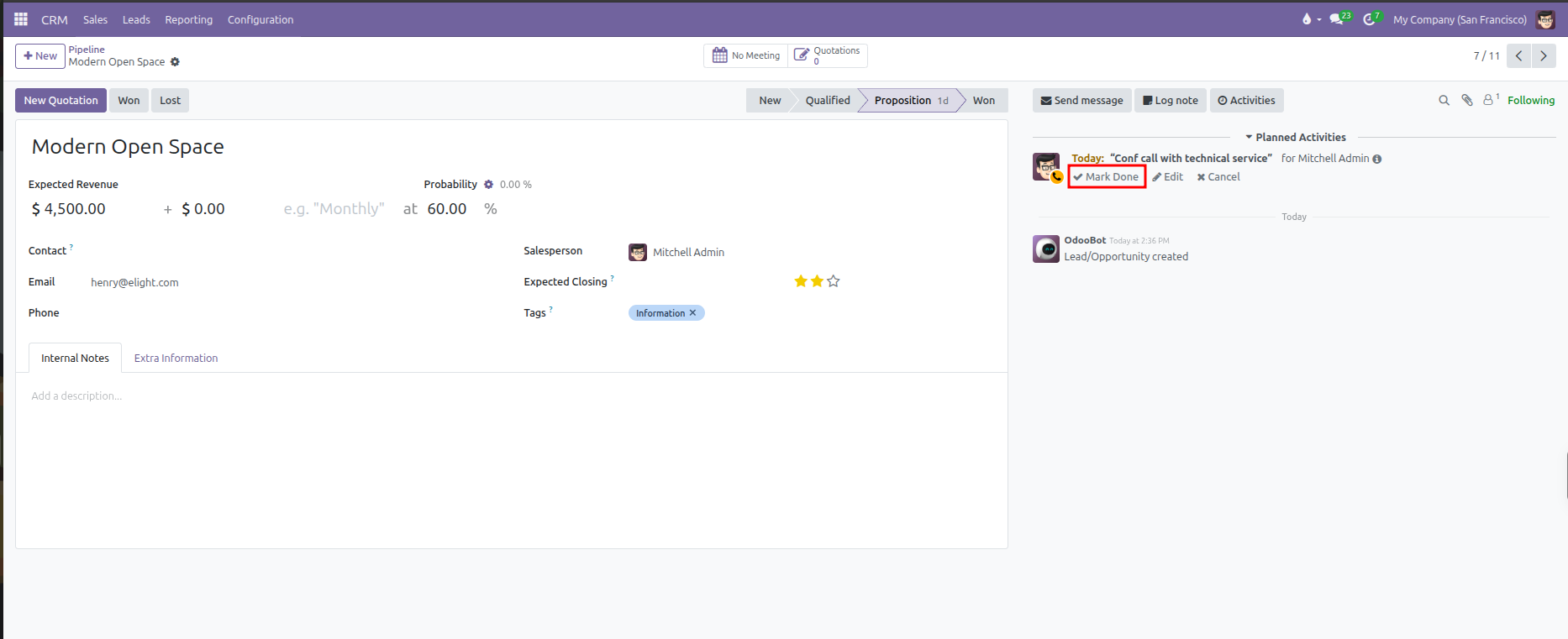 Opportunity chatter highlighting the Mark Done button on an active activity