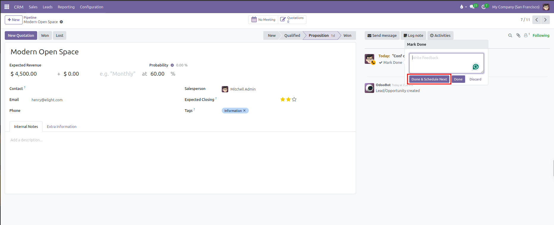 Mark Done feedback popup highlighting the Done & Schedule Next action button
