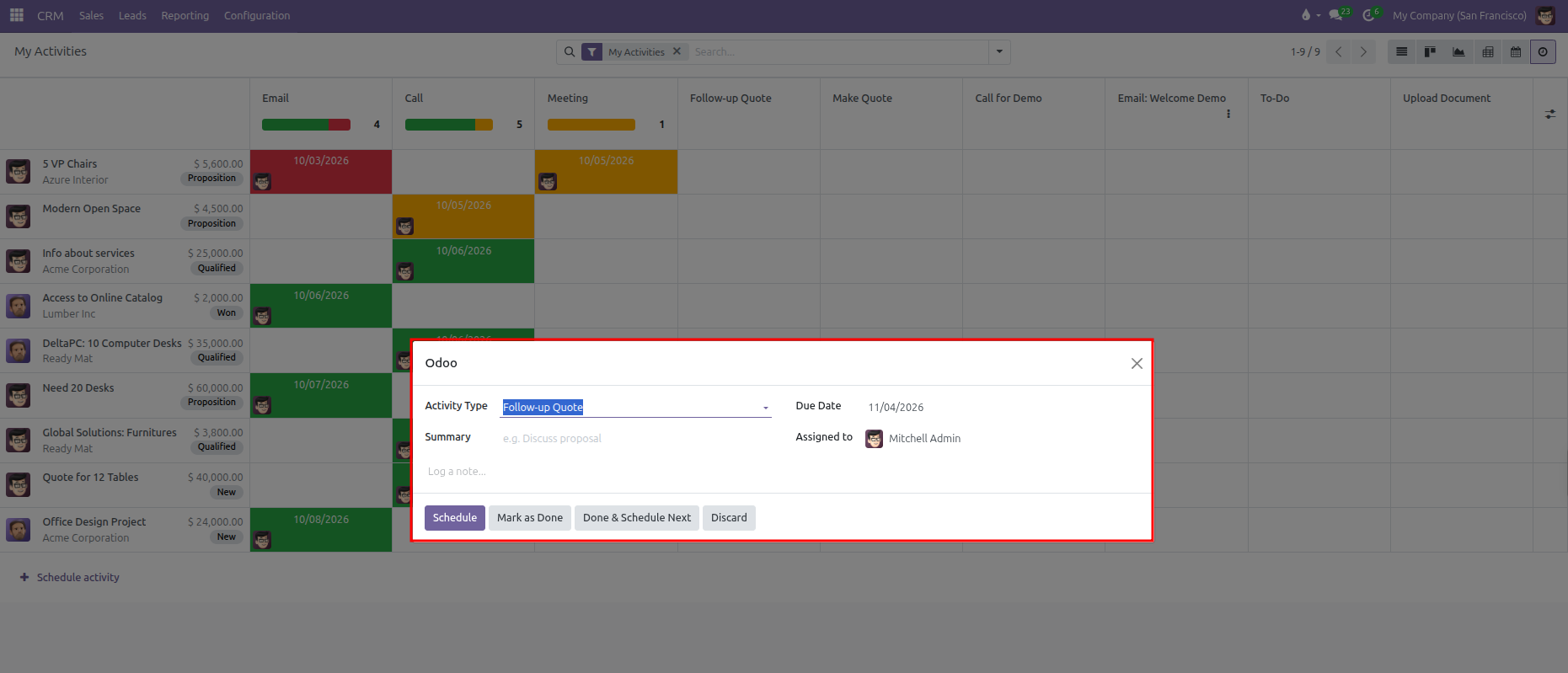 Schedule activity dialog from the Activity matrix view showing Activity Type, Due Date, Assigned to, and action buttons