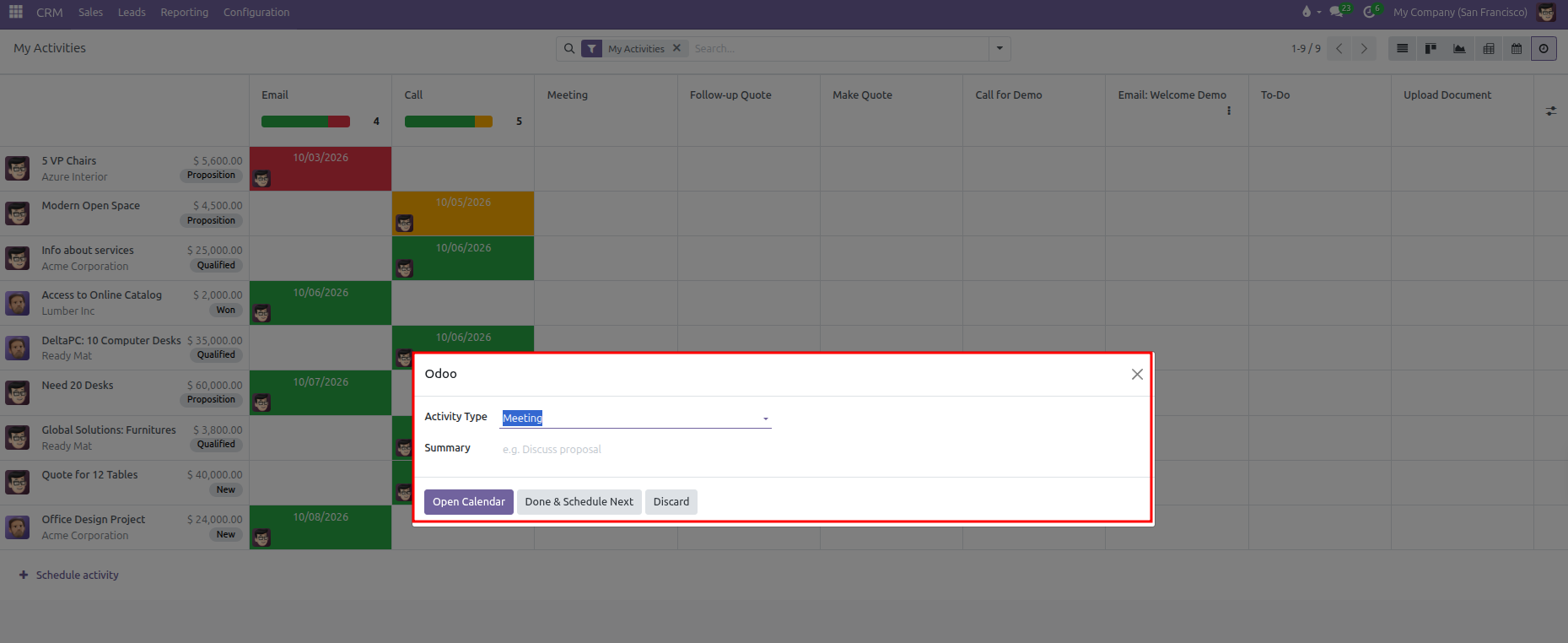 Meeting scheduling dialog from the Activity matrix view showing Summary and Open Calendar button