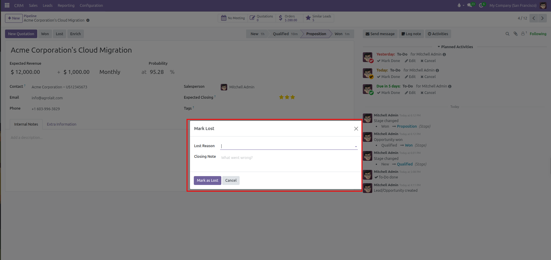 Mark Lost modal dialog showing Lost Reason dropdown, Closing Note field, and Mark as Lost action button