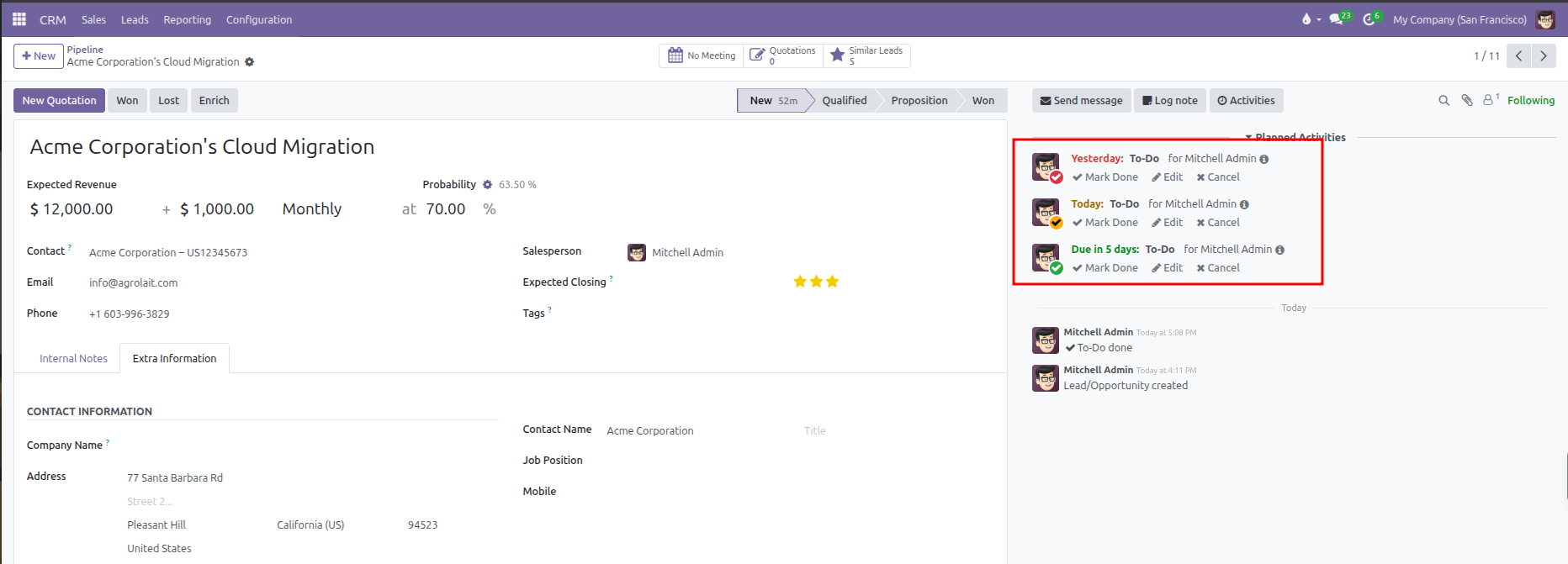 Document chatter displaying color-coded planned activities for yesterday, today, and future dates with Mark Done action buttons