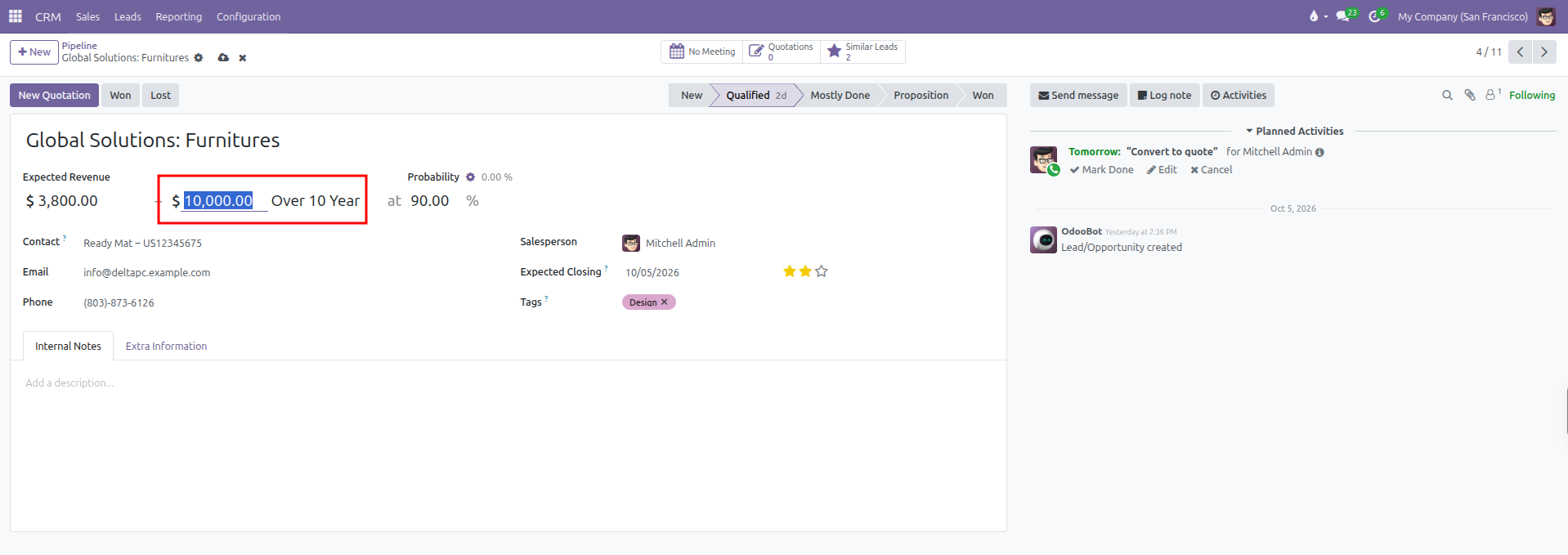 Opportunity form showing the recurring revenue amount field and Recurring Plan dropdown next to Expected Revenue