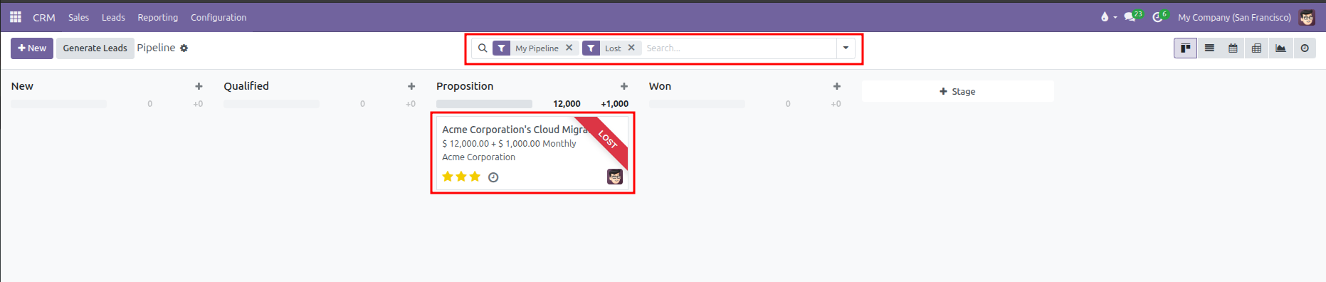 Pipeline Kanban view showing Lost filter active in search bar and deal card with red Lost ribbon