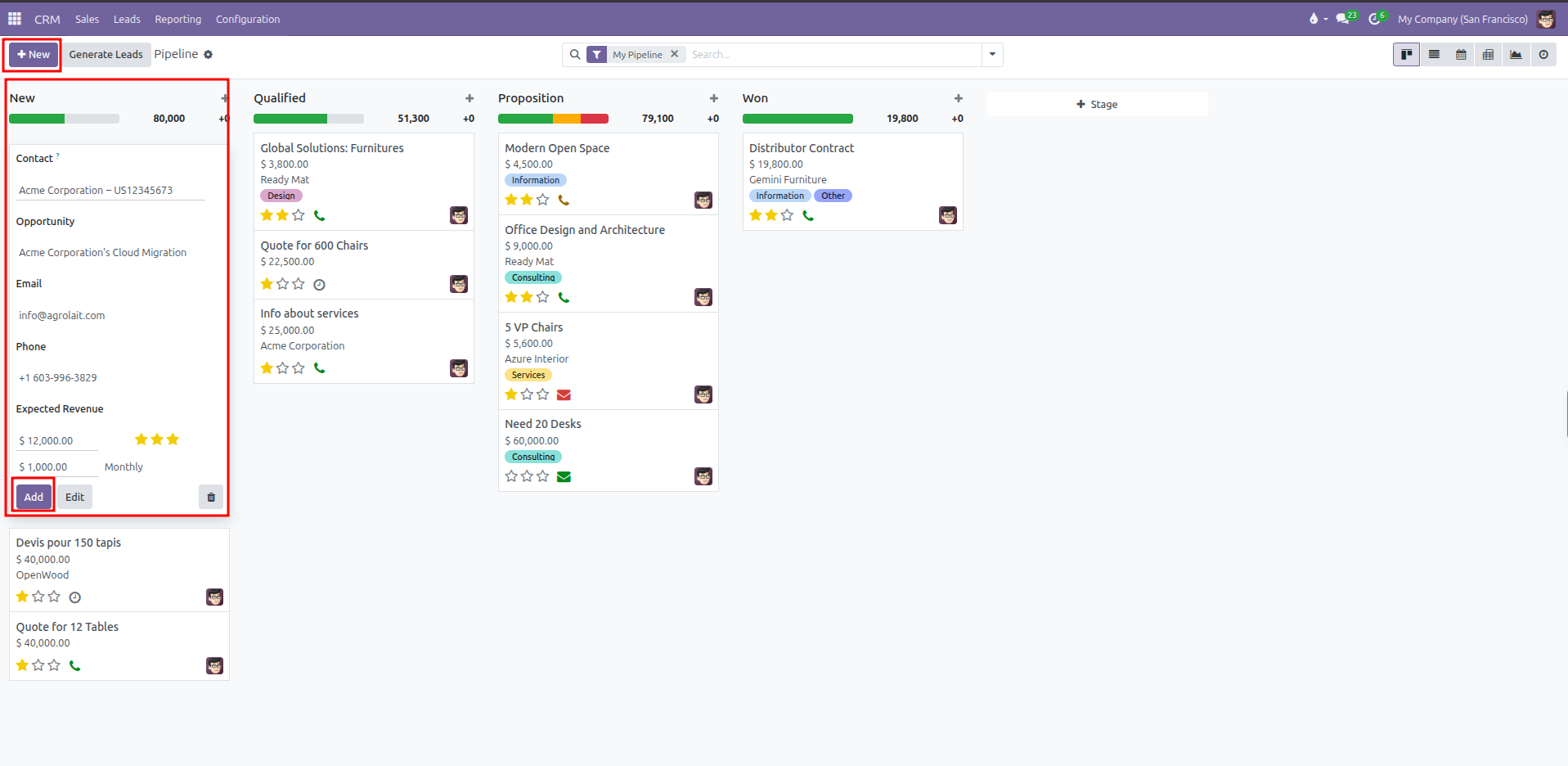 CRM Quick creation card open inside the New stage column showing contact, opportunity title, revenue, priority stars, and Add button