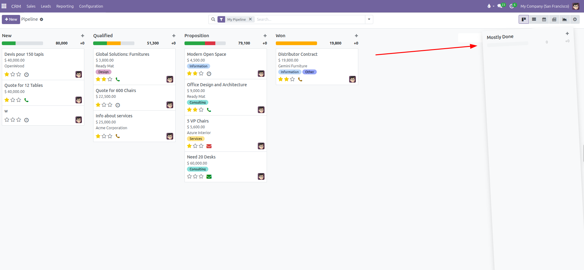 Kanban board showing column drag-and-drop interaction to reorder pipeline stages