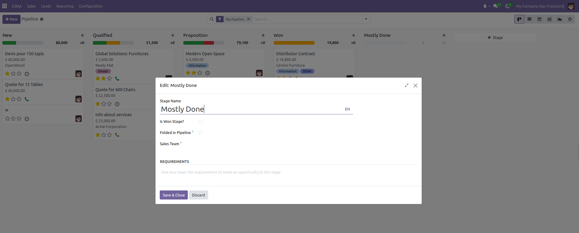 Stage editing modal dialog showing Stage Name, Is Won Stage, Folded in Pipeline, and Requirements fields