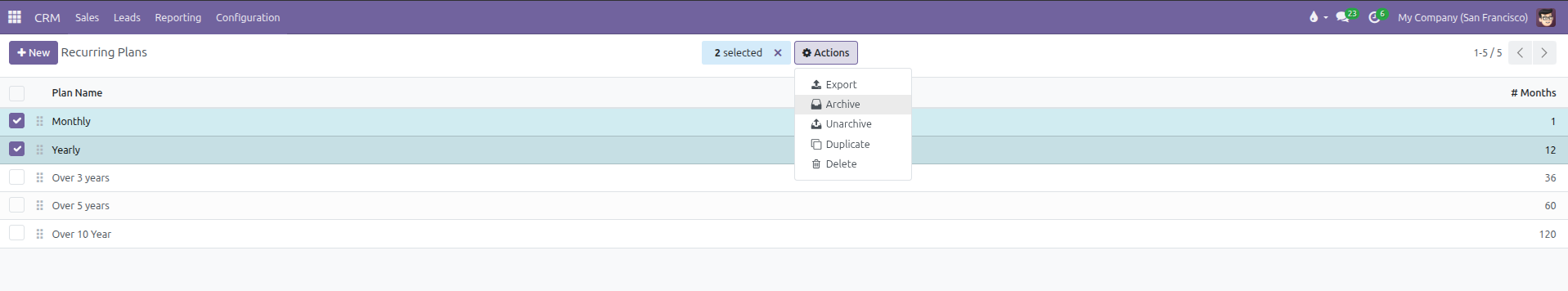 Recurring Plans list view showing selected records and the Actions Archive option