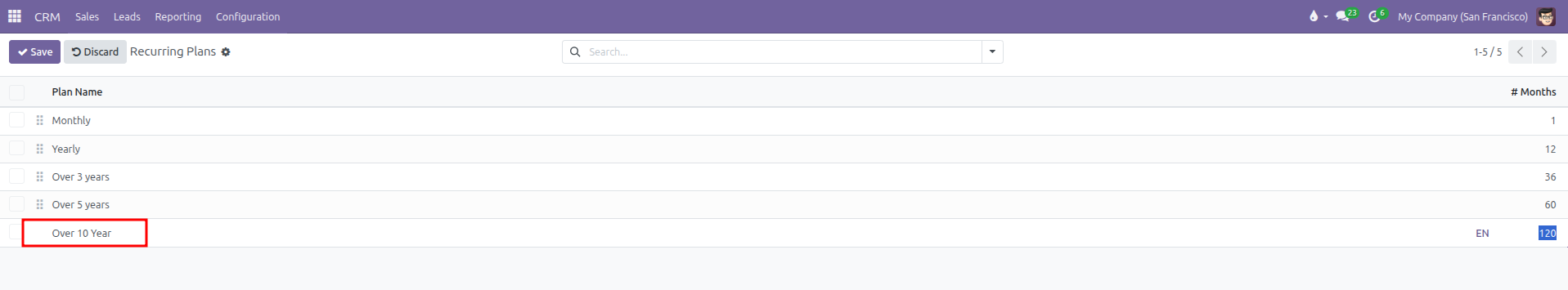 Recurring Plans table showing inline creation of a plan with duration in months