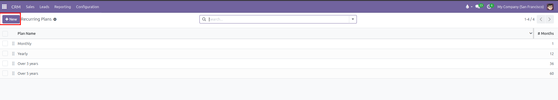 Recurring Plans list view showing default plan rows and the New button