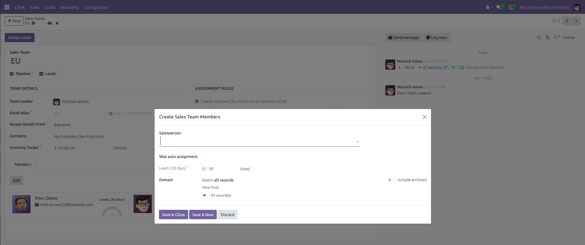 Create Sales Team Members modal dialog showing salesperson assignment, lead quota, and personal domain rules