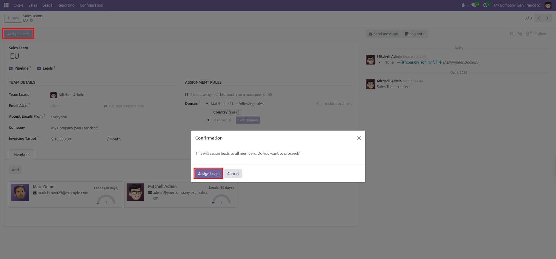 Confirmation modal prompting confirmation before assigning leads to all team members