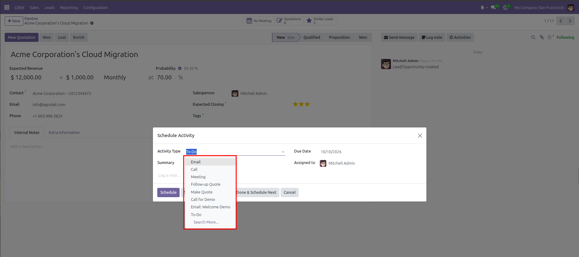 Schedule Activity dialog showing the Activity Type dropdown menu and action buttons