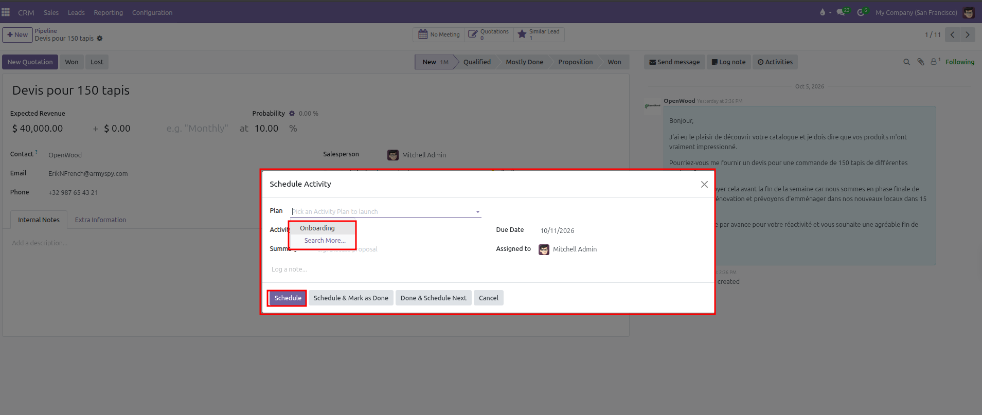 Schedule Activity modal on an opportunity highlighting the Plan dropdown and Schedule button