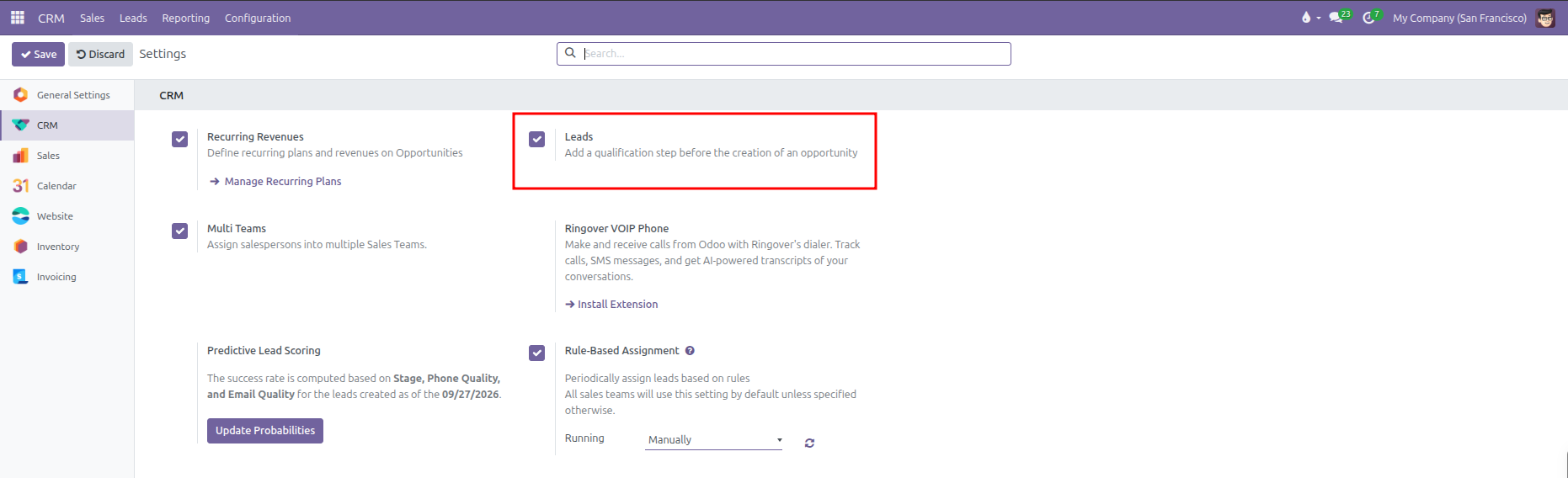 CRM Settings showing the Leads configuration checkbox enabled