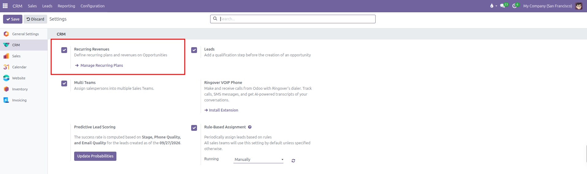 CRM settings page highlighting the Recurring Revenues checkbox under the CRM section