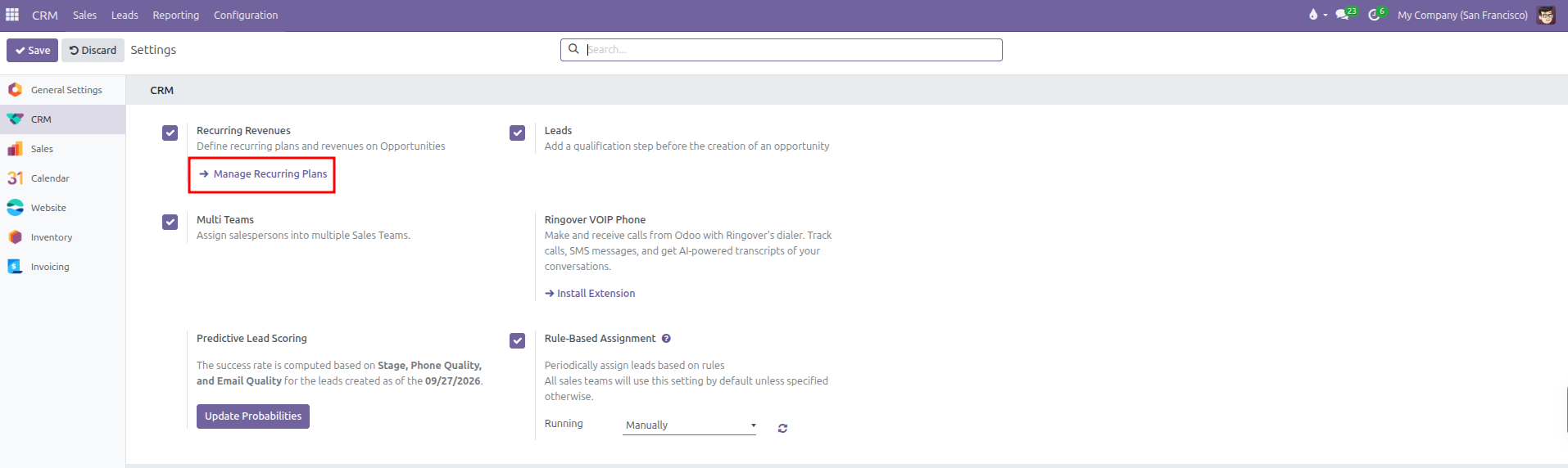 CRM settings page highlighting the Manage Recurring Plans shortcut link button