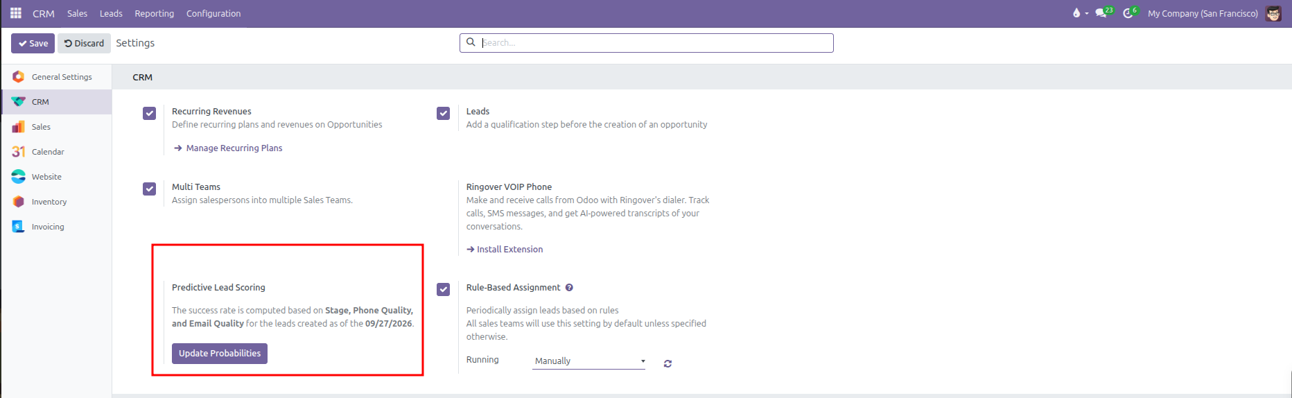 CRM Settings page highlighting the Predictive Lead Scoring configuration block