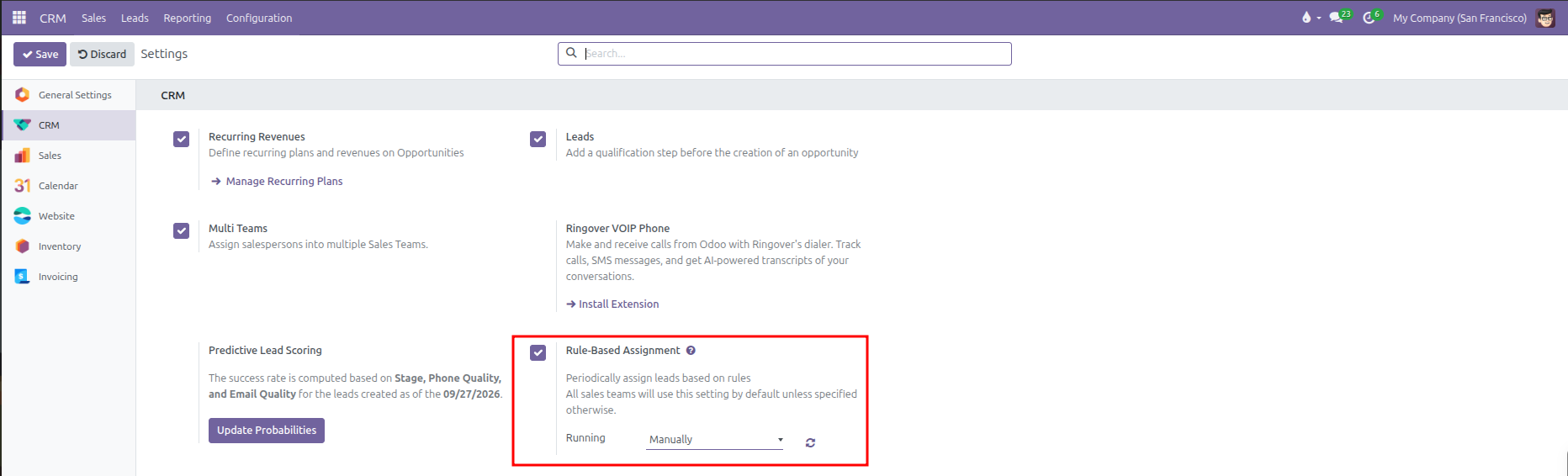 CRM settings page highlighting the Rule-Based Assignment configuration with Running set to Manually