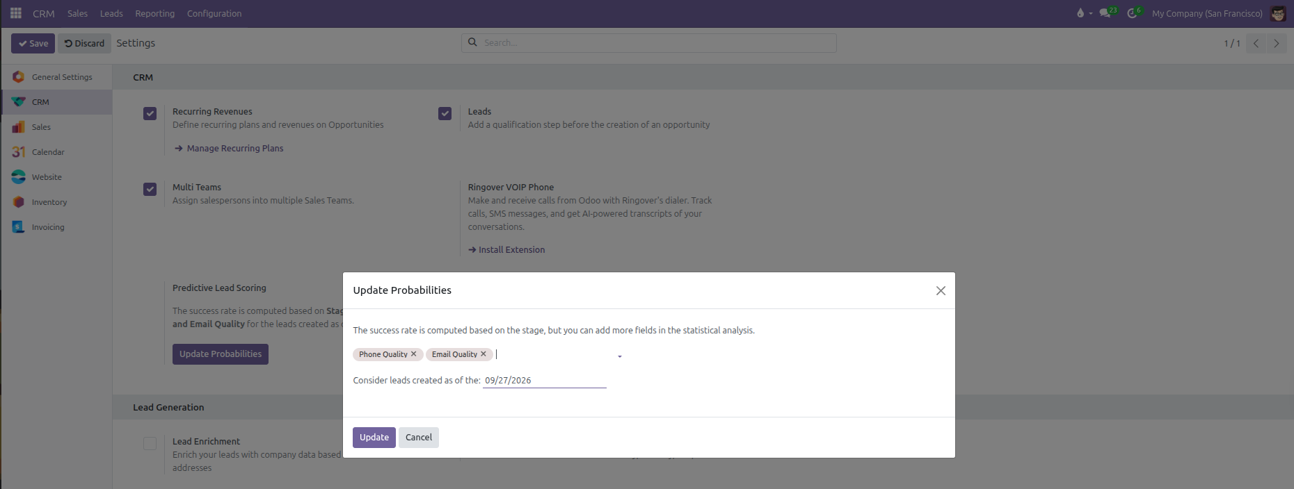 Update Probabilities modal dialog displaying extra statistical fields and the lead creation start date
