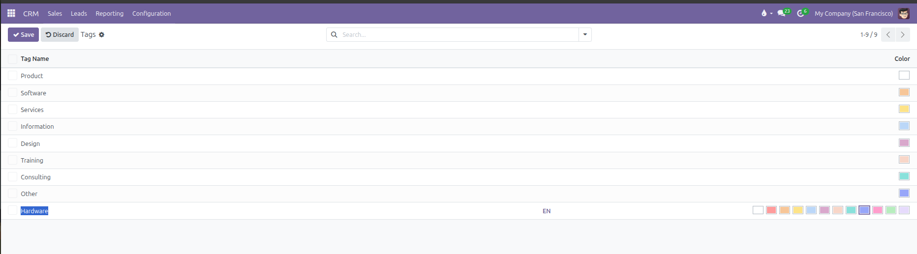 CRM Tags list view showing tag names and color palette swatches