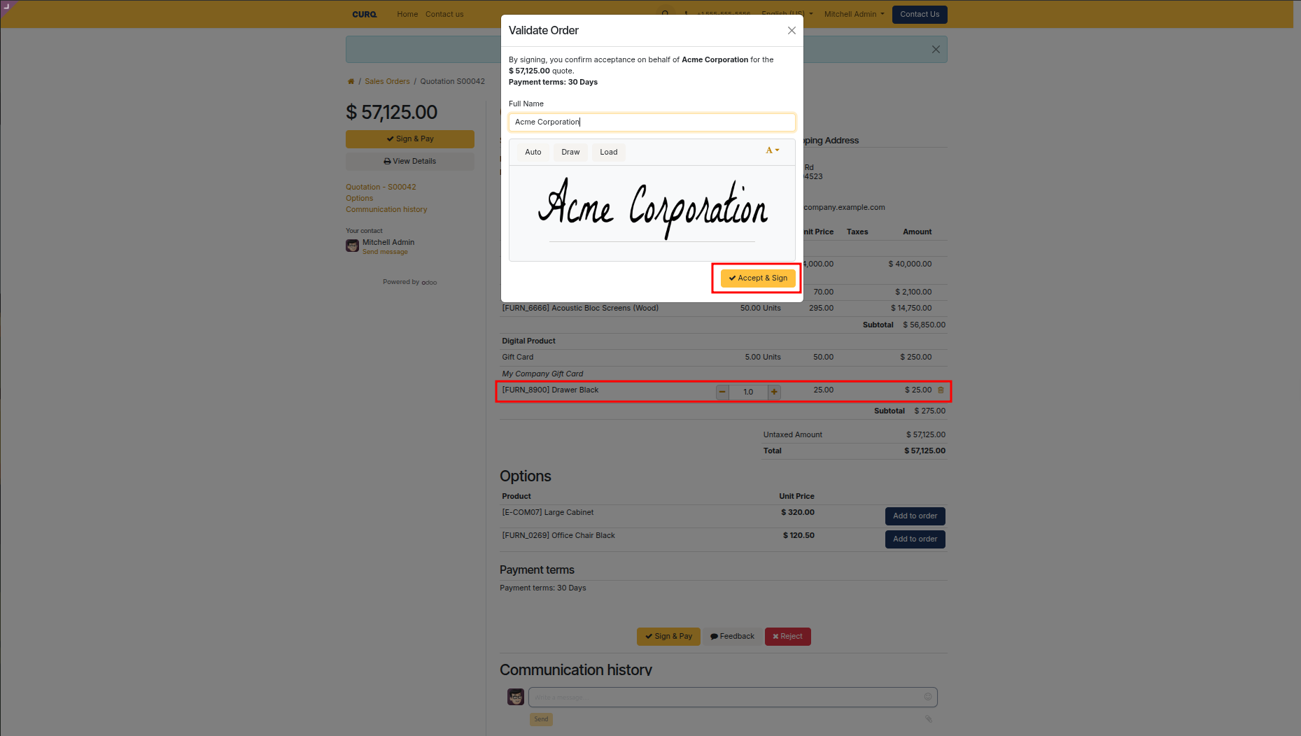 Customer online approval with added optional product and electronic signature