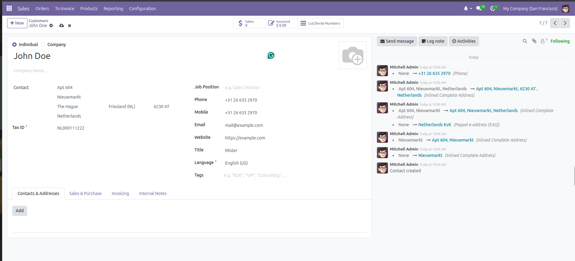 Customer form configured for an individual contact