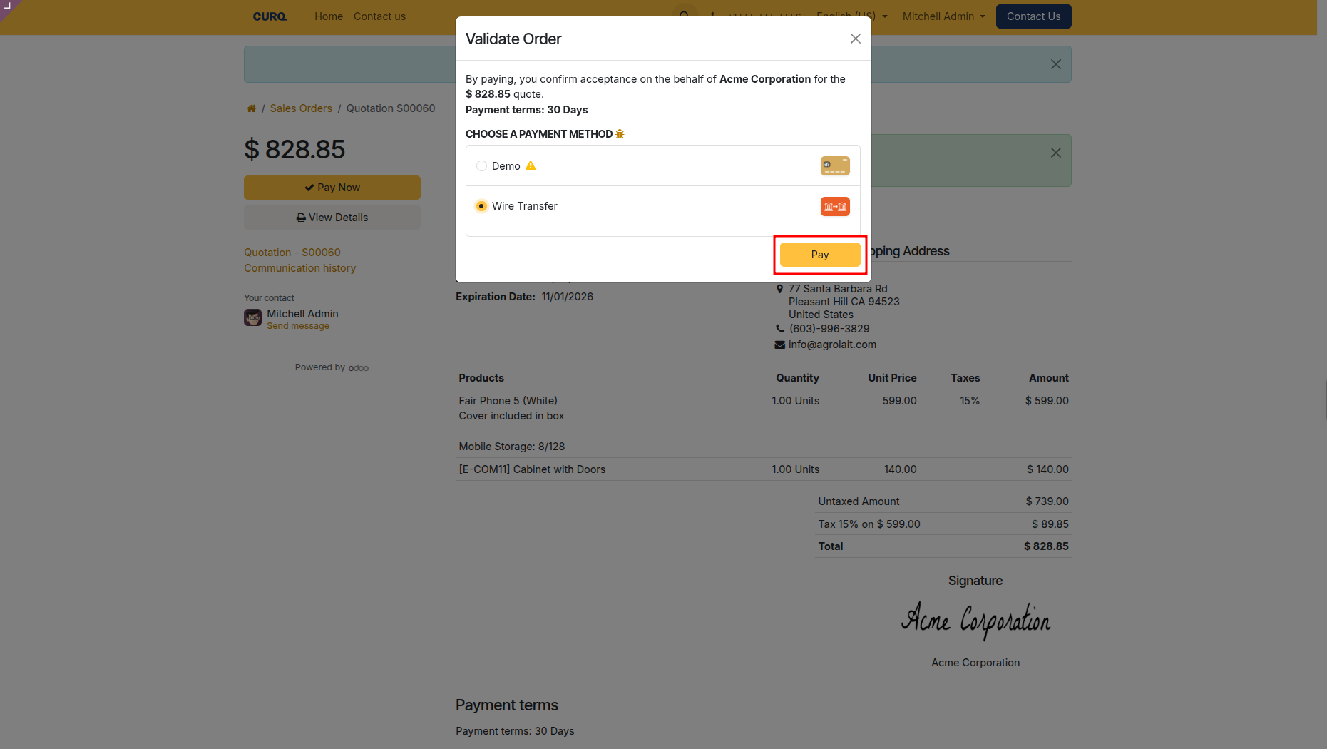 Customer portal payment method selection modal