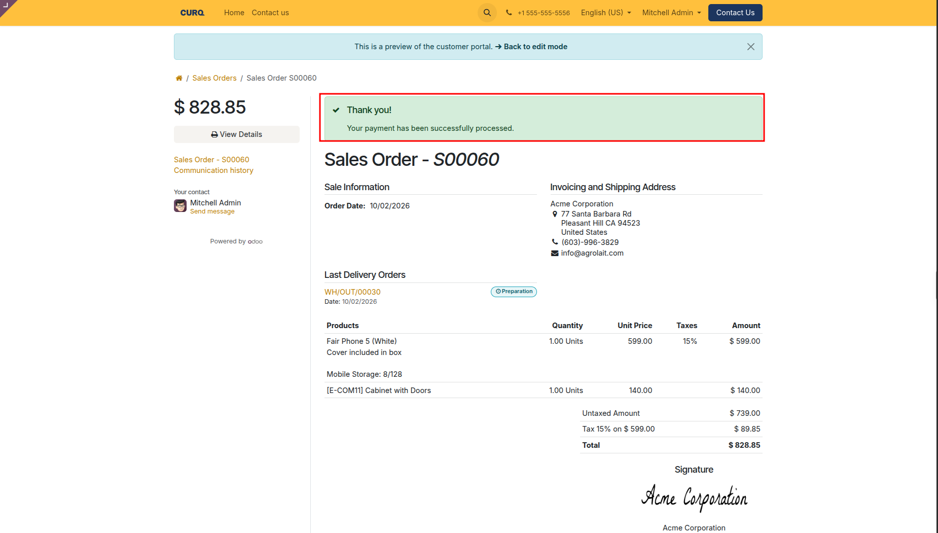 Customer portal payment processed confirmation banner