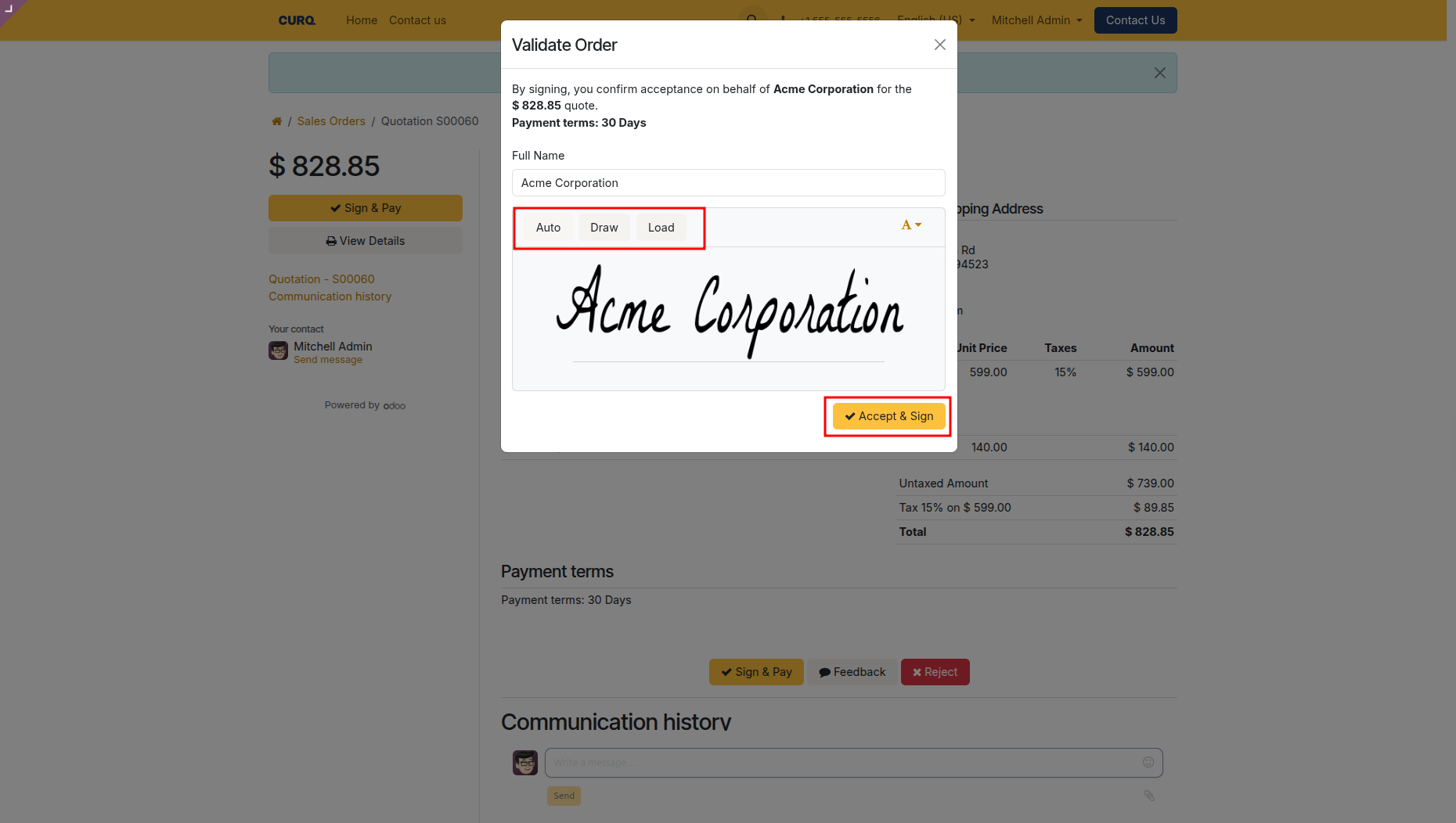 Customer portal Validate Order modal for electronic signature