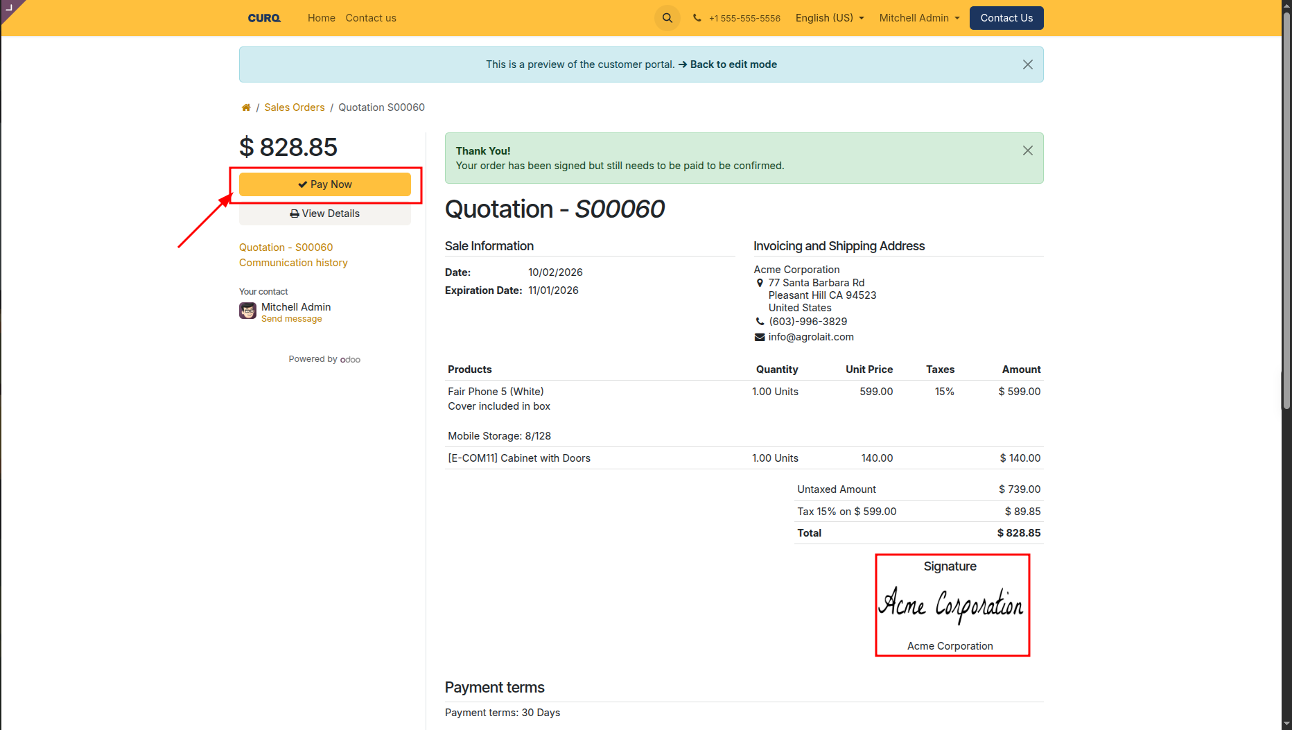 Customer portal signed quotation with Pay Now prompt