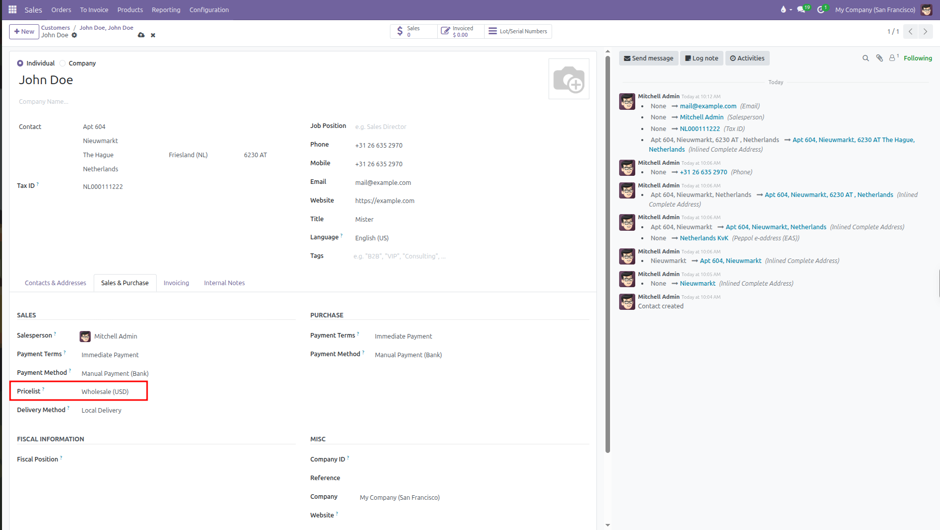 Customer profile Sales and Purchase tab showing default pricelist assignment