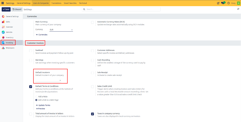 Default Incoterm Settings