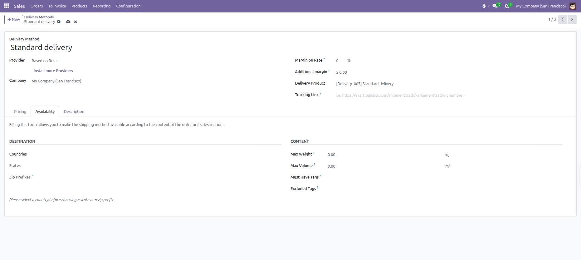 Delivery method availability tab showing destination filters and content weight and volume limits