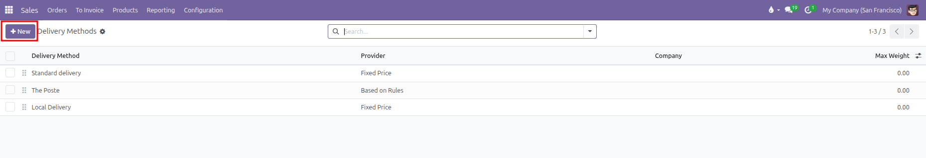 Delivery Methods list view showing configured shipping carriers, providers, and New button