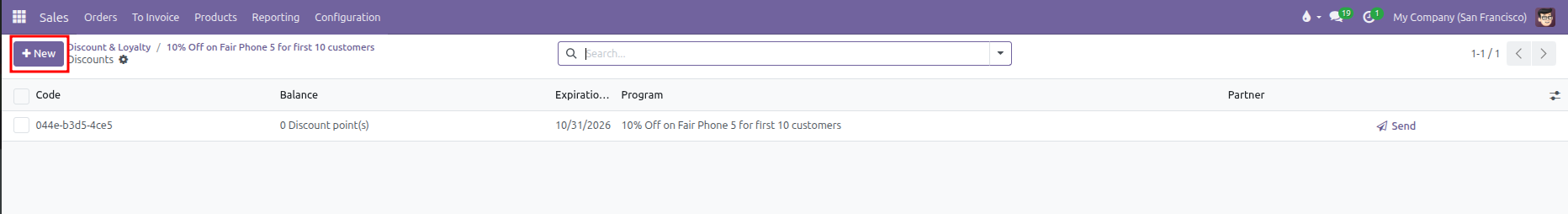 Discount and coupon codes list view showing code generation, expiration date, and send email action