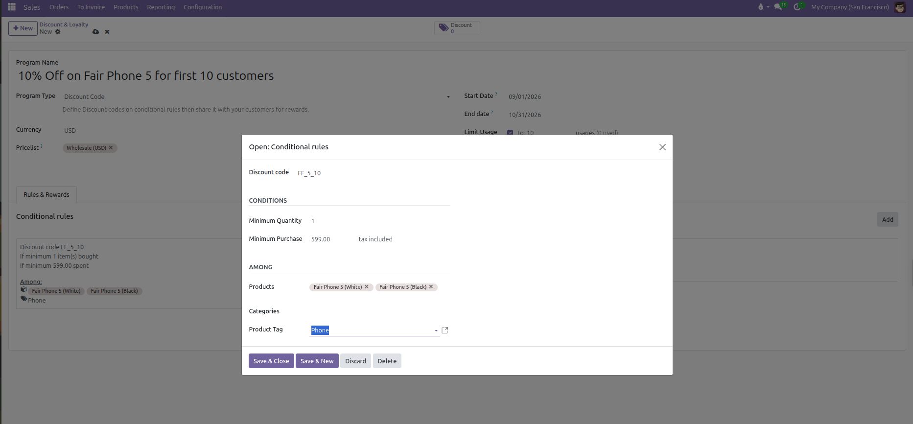 Discount program conditional rules modal showing promo code, minimum purchase, and target products