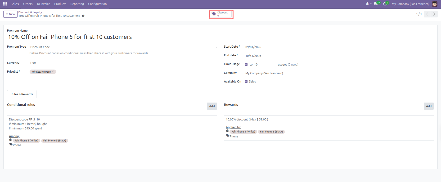 Discount and loyalty program configuration form showing header parameters, tracking smart button, and rules and rewards tab