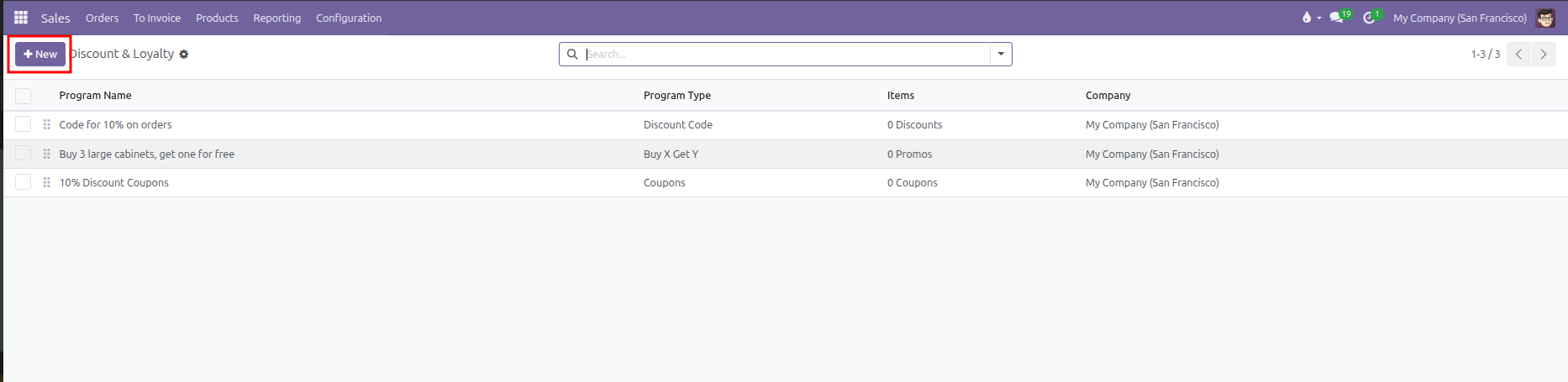 Discount and Loyalty programs list view with New button highlighted