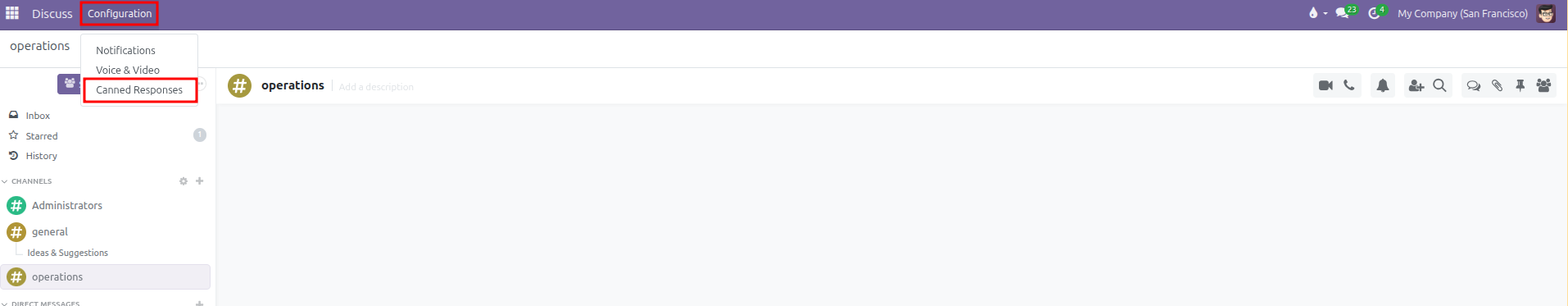 Discuss navigation bar showing Configuration menu with Canned Responses option selected