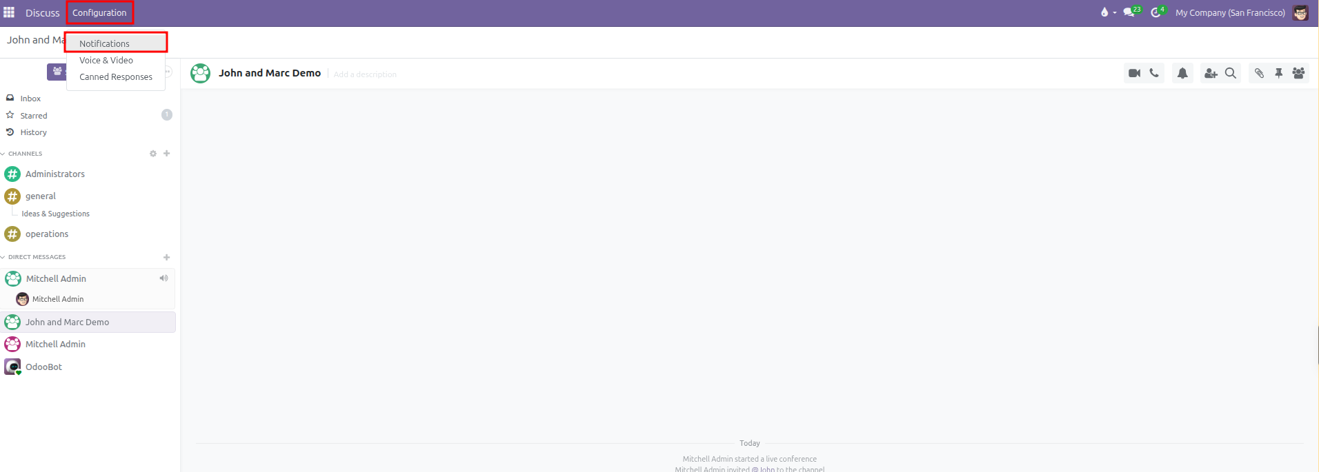 Discuss navigation bar showing Configuration menu with Notifications option selected