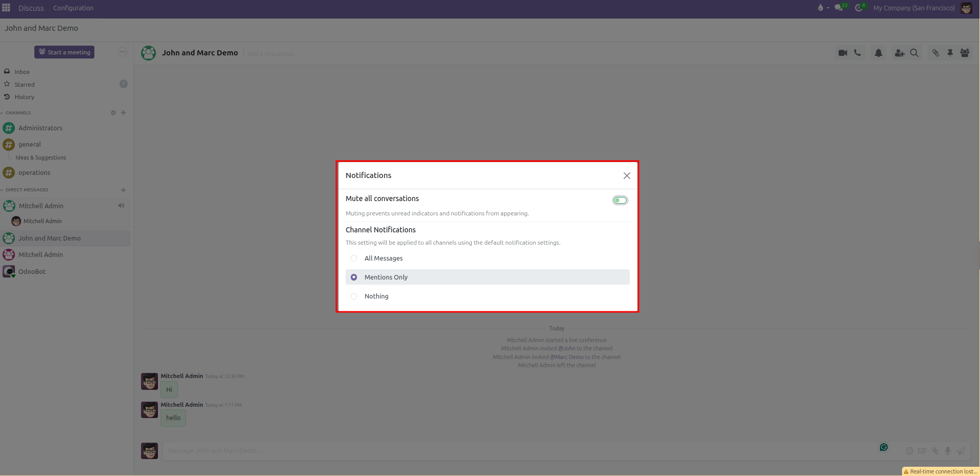 Notifications configuration dialog showing Mute all conversations switch and Channel Notifications options