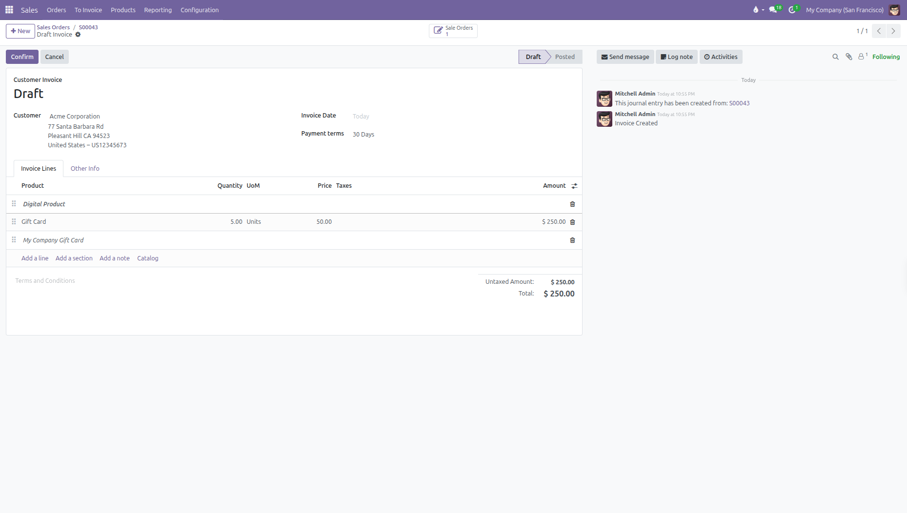 Draft invoice with only ordered quantity digital products ready for billing