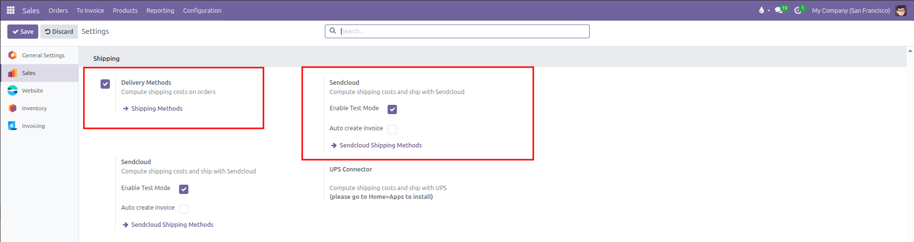Enabling delivery methods and Sendcloud connector in sales settings under shipping