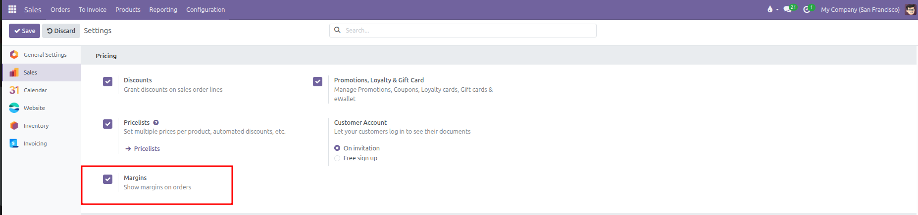 Enabling sales margins setting in configuration