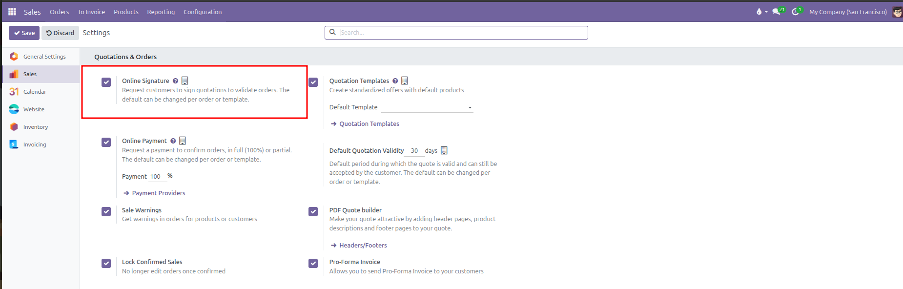 Sales settings showing Online Signature option highlighted in red box under Quotations and Orders section