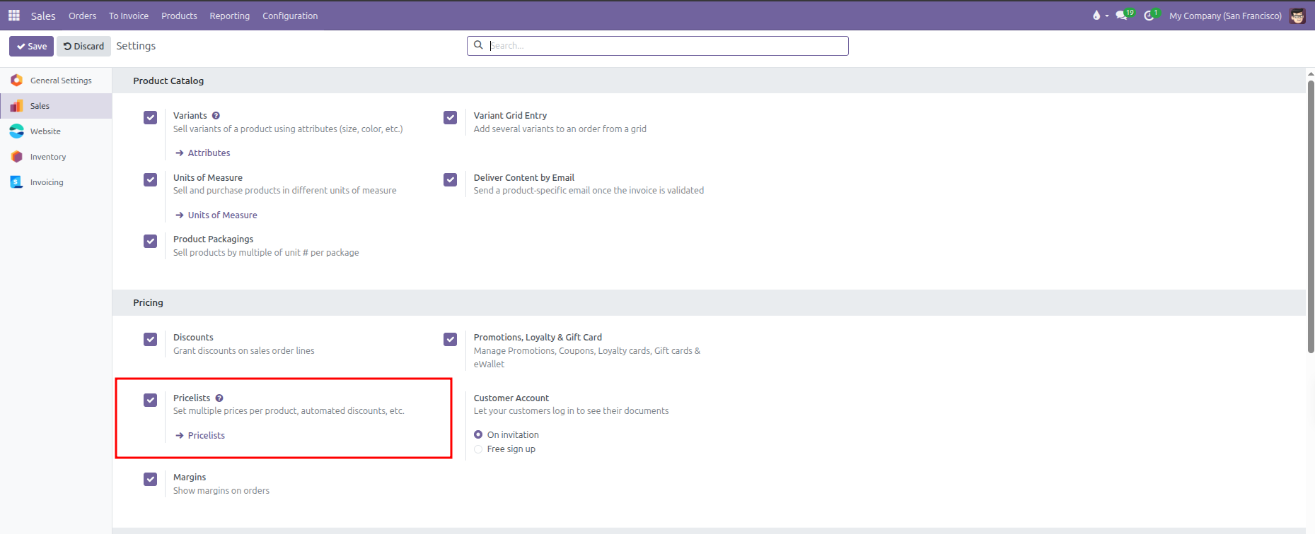 Enabling pricelists in sales settings under pricing section