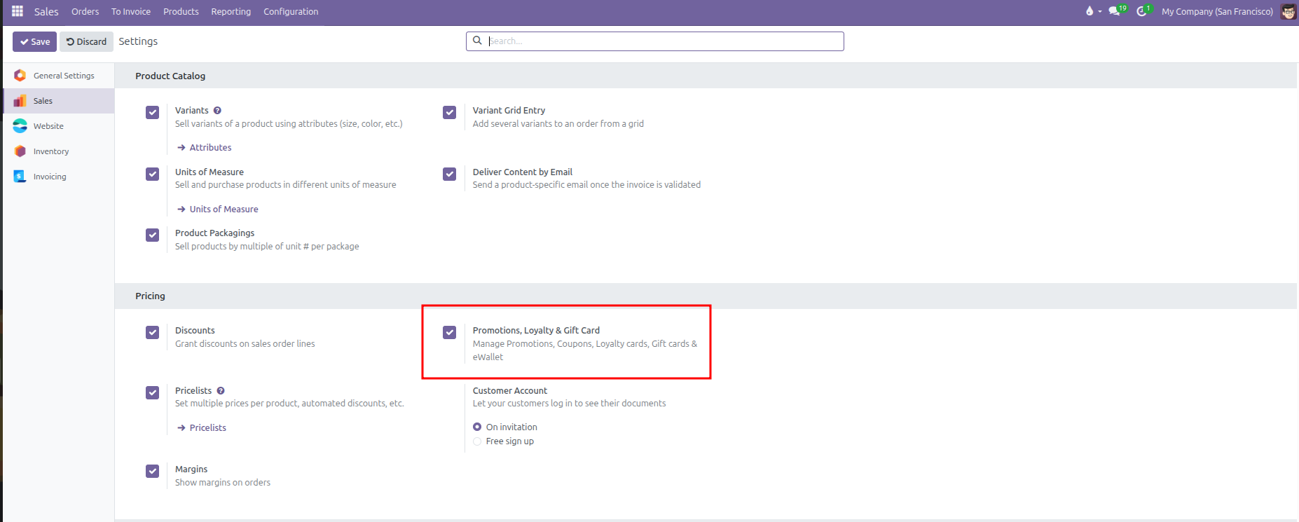 Enabling promotions, loyalty, and gift card setting in sales settings under pricing