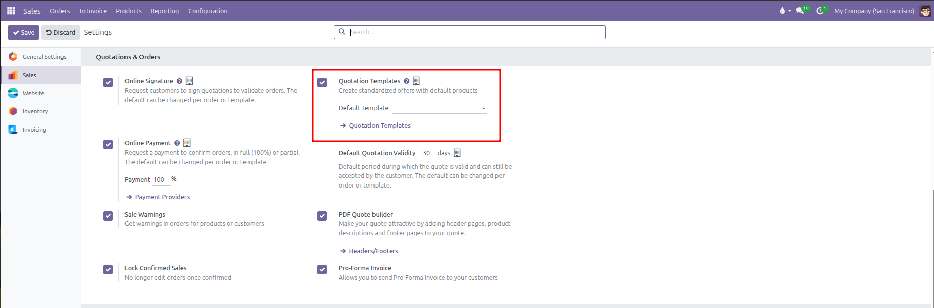 Enabling quotation templates in sales settings under quotations and orders section