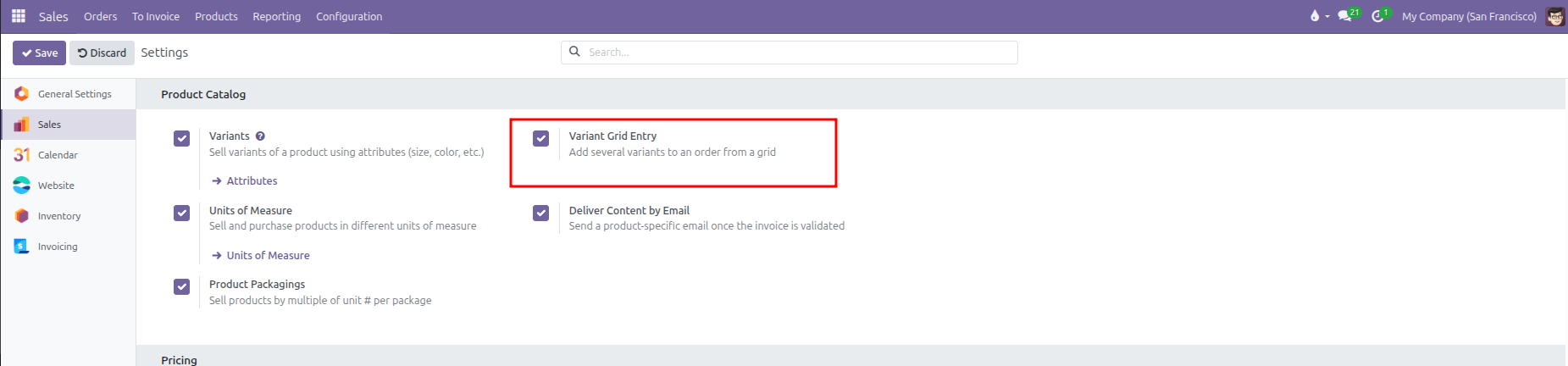 Enabling variant grid entry in sales settings under product catalog